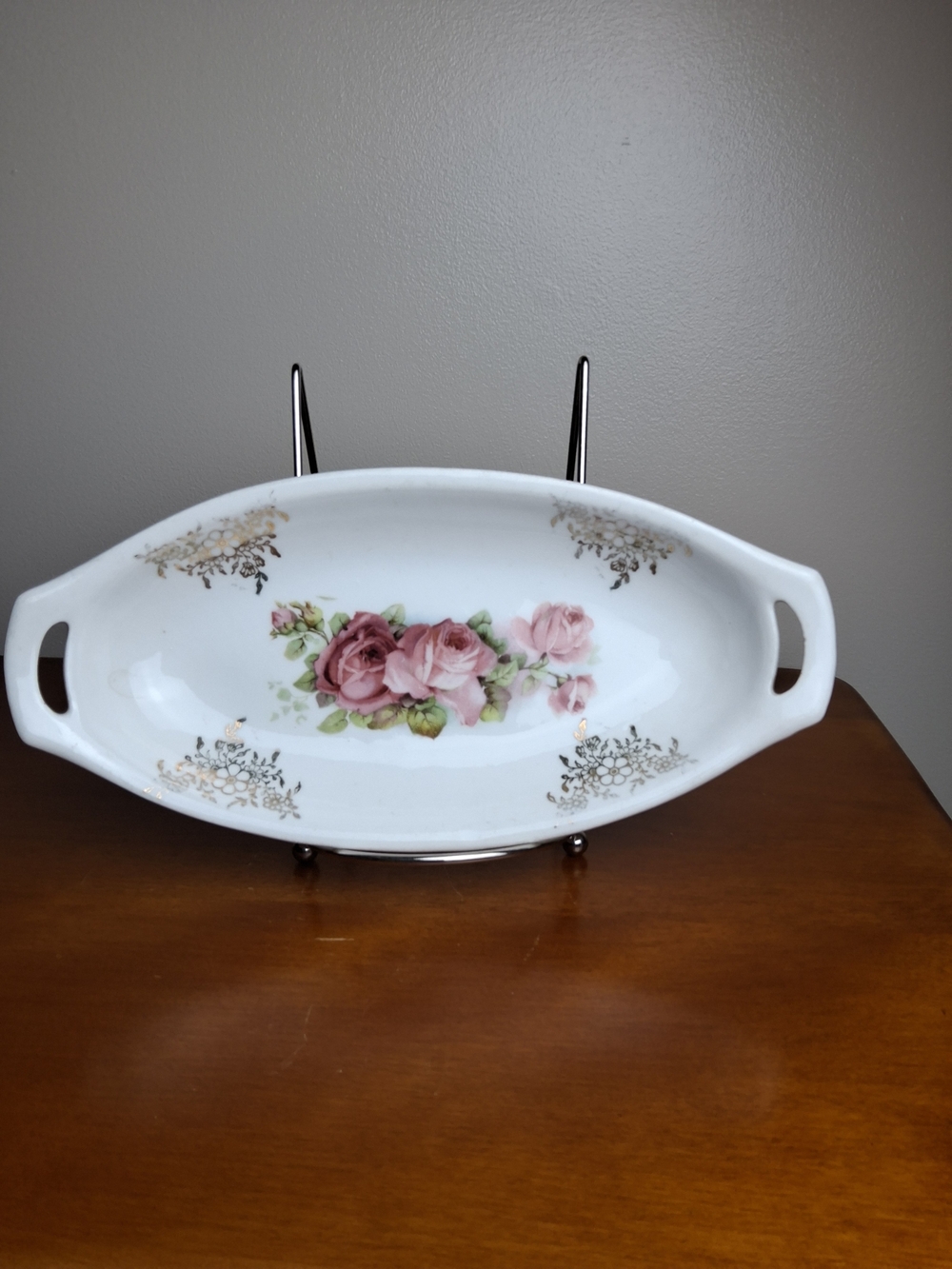 Porcelain Serving Platter with Pink Rose Motif
